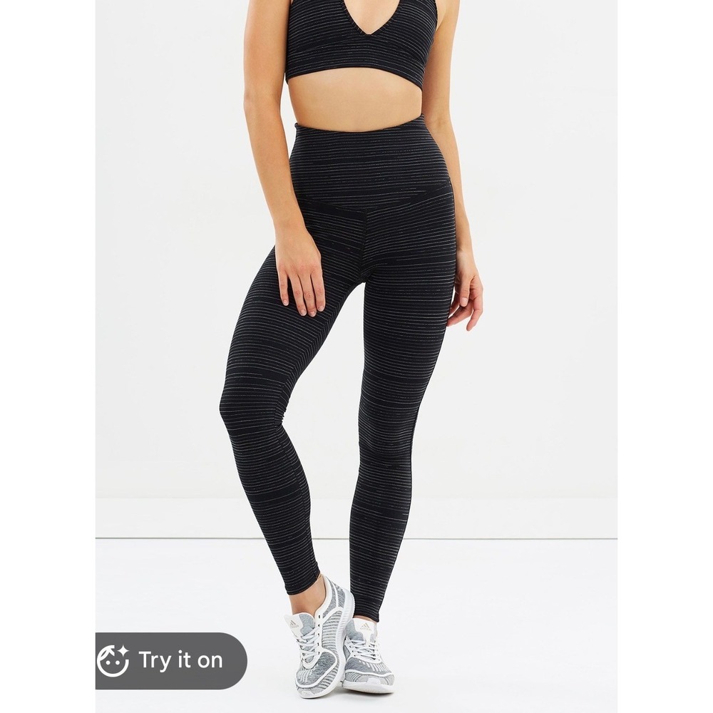 Varley Performance First Var-Tech Leggings Black Pinstripe High Waist Medium